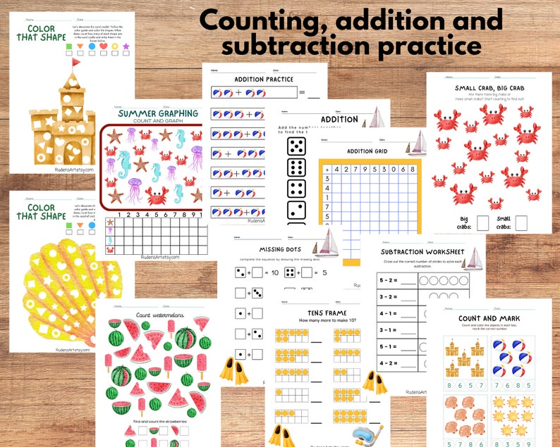 May include: A set of printable worksheets for kids featuring summer-themed illustrations. The worksheets include activities for counting, addition, and subtraction. The illustrations include a sandcastle, seashells, crabs, watermelons, and beach balls.