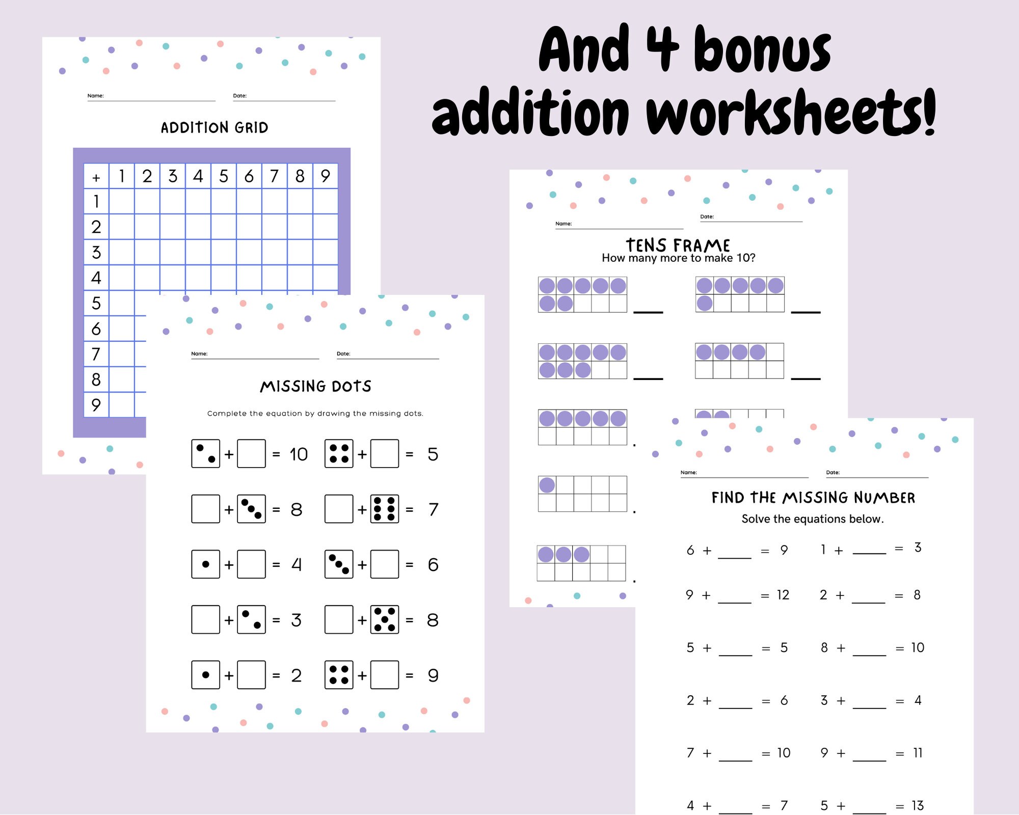Addition Worksheets for kids Numbers 1-10 addition for | Etsy