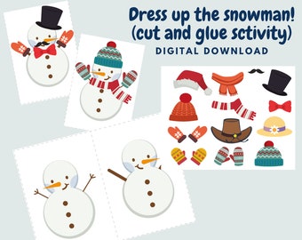 Dress up the snowman, Cut and glue activity, Winter activities for preschool, kindergarten or toddler, Winter busy book