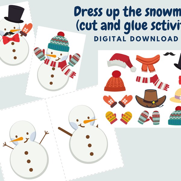 Dress up the snowman, Cut and glue activity, Winter activities for preschool, kindergarten or toddler, Winter busy book