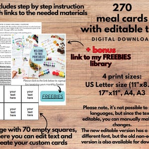 Puede incluir: Una descarga digital de 270 tarjetas de comida editables con 4 tama&ntilde;os de impresi&oacute;n: US Letter (11" x 8.5"), 17" x 11", A4 y A3. La imagen tambi&eacute;n muestra una p&aacute;gina con 70 cuadrados vac&iacute;os para crear tarjetas personalizadas.