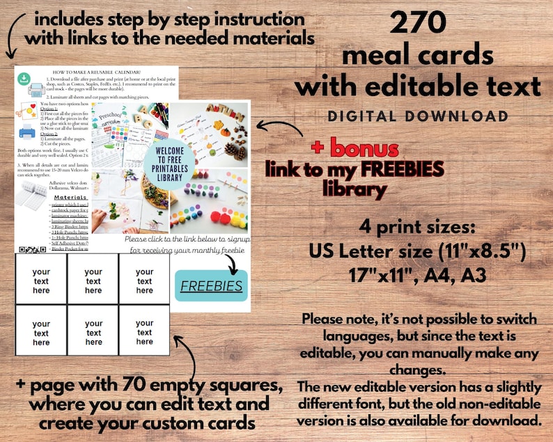 Puede incluir: Una descarga digital de 270 tarjetas de comida editables con 4 tama&ntilde;os de impresi&oacute;n: US Letter (11" x 8.5"), 17" x 11", A4 y A3. La imagen tambi&eacute;n muestra una p&aacute;gina con 70 cuadrados vac&iacute;os para crear tarjetas personalizadas.