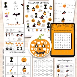 Halloween worksheets for Kindergarten and First grade kids, Halloween busy book with Literacy and Math activities, Learning binder image 1