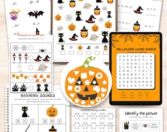 Halloween worksheets for Kindergarten and First grade kids, Halloween busy book with Literacy and Math activities, Learning binder