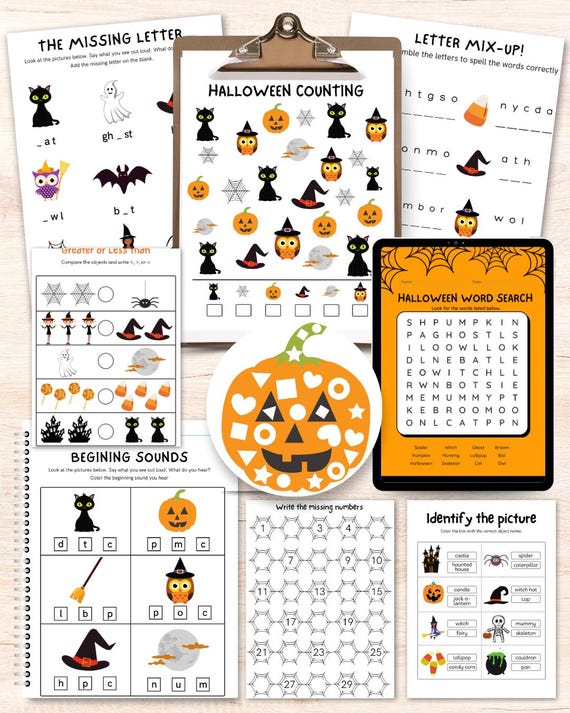 Halloween worksheets for Kindergarten and First grade kids, Halloween busy book with Literacy and Math activities, Learning binder