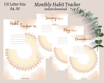 Monthly Circle Habit Tracker Printable Template, Daily Routine Tracking Habits, 30 day habit tracker, Yearly habit tracker, Digital download