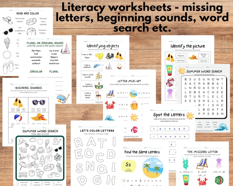 May include: A collection of printable summer-themed worksheets for kids. The worksheets feature activities like identifying objects, matching beginning sounds, word searches, and color-by-letter. The worksheets are black and white with colorful illustrations.