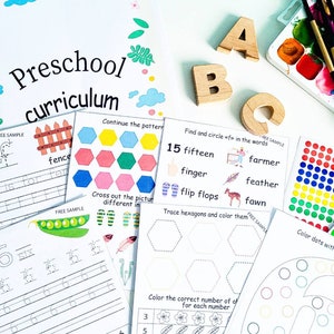 Preschool curriculum, Kids activity worksheets for homeschool learning - Alphabet, 1-20 Counting, Tracing and Patterns, Shapes and Colors