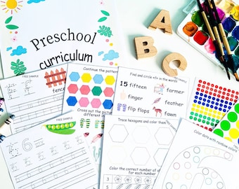 Programma scolastico prescolare, schede di attività per bambini per l'apprendimento a casa: alfabeto, conteggio da 1 a 20, tracciamento e modelli, forme e colori