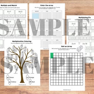May include: A set of printable worksheets for kids to practice multiplication facts. The worksheets include matching, coloring, and array activities. The worksheets feature a tree, dice, and grids.