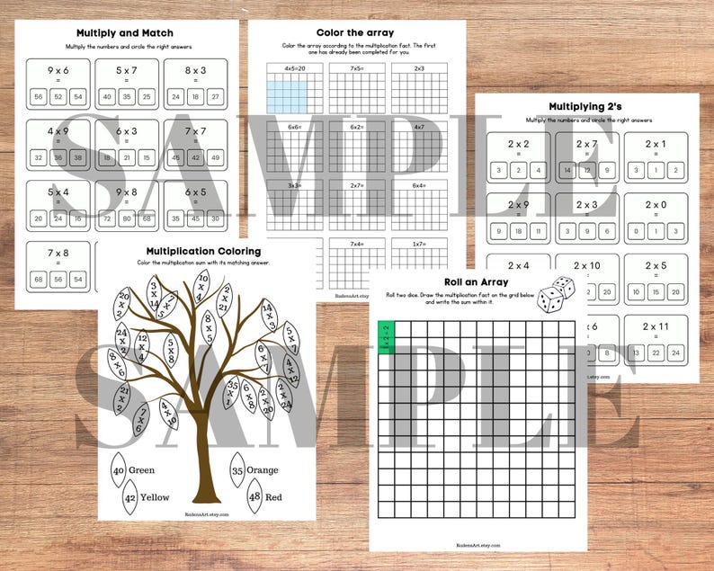 May include: A set of printable worksheets for kids to practice multiplication facts. The worksheets include matching, coloring, and array activities. The worksheets feature a tree, dice, and grids.