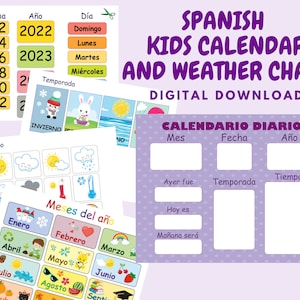 SPAANSE kinderkalender en weerkaart, dagkalender voor kinderen, aangepast ochtendbord, ochtendroutine peuter, klaskalender 2024