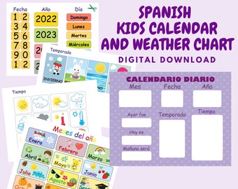SPANISH kids calendar and weather chart, Daily calendar for kids, Custom Morning board, Toddler Morning Routine, Classroom calendar 2024