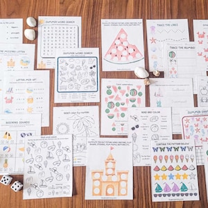 May include: A collection of printable summer-themed worksheets for kids. The worksheets include activities such as word searches, letter mix-ups, beginning sounds, color by number, tracing lines, counting, and graphing. The worksheets are printed on white paper and feature colorful illustrations of summer-related objects such as seashells, ice cream cones, and watermelons.
