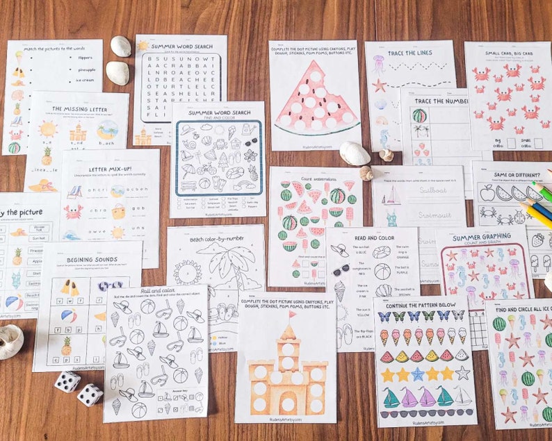 May include: A collection of printable summer-themed worksheets for kids. The worksheets include activities such as word searches, letter mix-ups, beginning sounds, color by number, tracing lines, counting, and graphing. The worksheets are printed on white paper and feature colorful illustrations of summer-related objects such as seashells, ice cream cones, and watermelons.