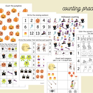 May include: A set of printable Halloween-themed worksheets for kids to practice counting. The worksheets feature pumpkins, ghosts, bats, witches, and other Halloween imagery.