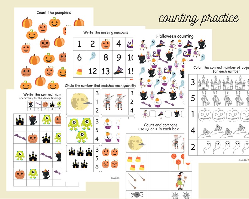 May include: A set of printable Halloween-themed worksheets for kids to practice counting. The worksheets feature pumpkins, ghosts, bats, witches, and other Halloween imagery.