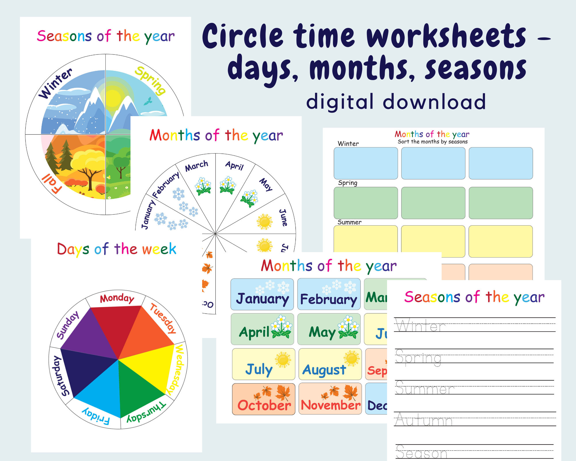 circle time worksheets for kids days months and seasons etsy