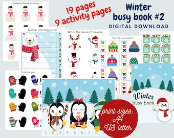 Winter busy book for toddler and kindergarten kids, Christmas Preschool printables for cut and glue activities, Snowman Learning binder