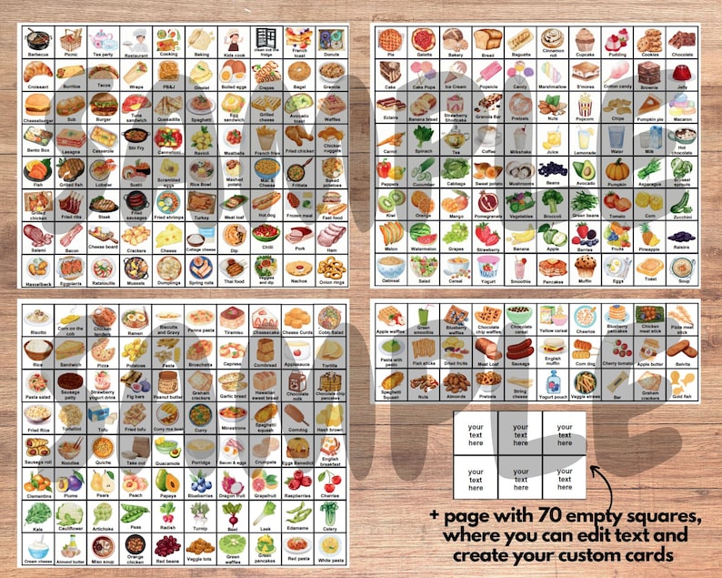 Puede incluir: Un conjunto de 100 tarjetas de comida imprimibles con ilustraciones de acuarela. Las tarjetas est&aacute;n organizadas en cuatro categor&iacute;as: desayuno, almuerzo, cena y refrigerios. Cada tarjeta presenta un alimento diferente con su nombre impreso debajo. El conjunto tambi&eacute;n incluye una p&aacute;gina con 70 tarjetas en blanco para crear tarjetas de comida personalizadas.