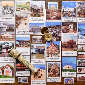Unité d'étude sur les maisons traditionnelles du monde entier - cartes en trois parties, exercices de traçage et d'écriture et faits brefs, matériel Montessori