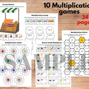 May include: A set of 10 printable multiplication games for kids. The games feature colorful illustrations of bees, ladybugs, and flowers. The games include a multiplication wheel, a multiplication match, a secret code multiplication, and a multiplication scoop.