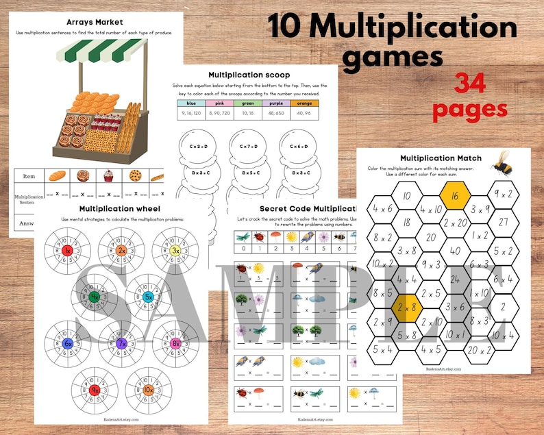May include: A set of 10 printable multiplication games for kids. The games feature colorful illustrations of bees, ladybugs, and flowers. The games include a multiplication wheel, a multiplication match, a secret code multiplication, and a multiplication scoop.