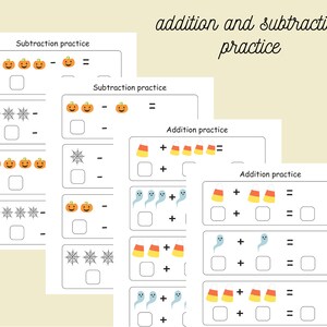 May include: A printable worksheet with Halloween-themed addition and subtraction problems. The worksheet features images of pumpkins, candy corn, ghosts, and spiderwebs.