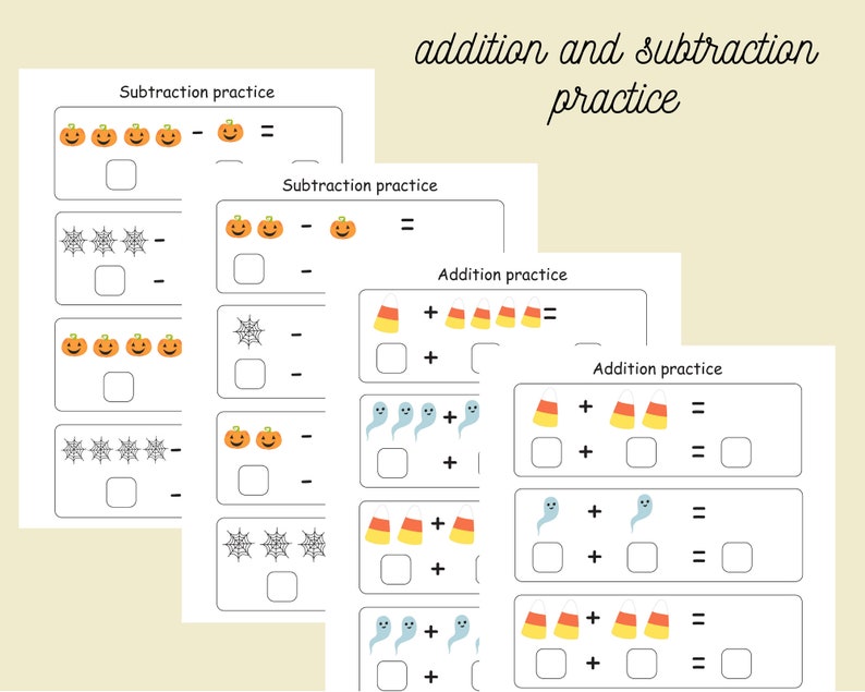 May include: A printable worksheet with Halloween-themed addition and subtraction problems. The worksheet features images of pumpkins, candy corn, ghosts, and spiderwebs.
