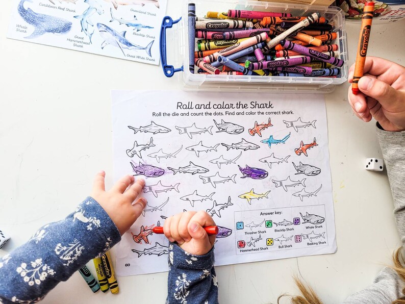 May include: A black and white printable shark activity sheet with a color key. The sheet has a title that says "Roll and color the Shark". The instructions say "Roll the die and count the dots. Find and color the correct shark."