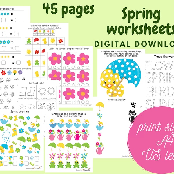 Spring preschool worksheets for kids, Spring busy book printable, Kindergarten worksheets, Toddler activity book, Seasons Learning binder