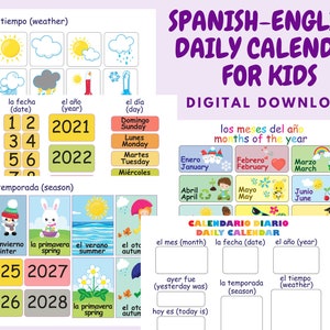 Spanish-English kids calendar 2024 and weather chart, Custom Morning board for classroom, Preschool printables, Toddler Morning Routine