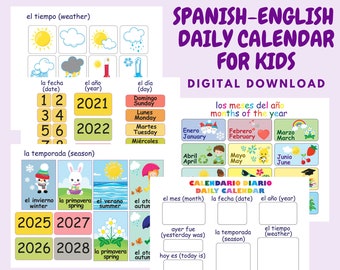 Spanish-English kids calendar 2024 and weather chart, Custom Morning board for classroom, Preschool printables, Toddler Morning Routine