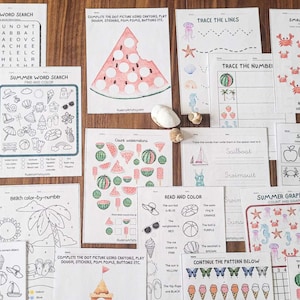 May include: A set of printable summer-themed educational worksheets for kids. The worksheets feature various activities, including word searches, color-by-number, tracing lines and numbers, counting, graphing, and pattern recognition. The worksheets are black and white with colorful illustrations of summer-related objects like watermelons, seashells, crabs, sailboats, and ice cream.