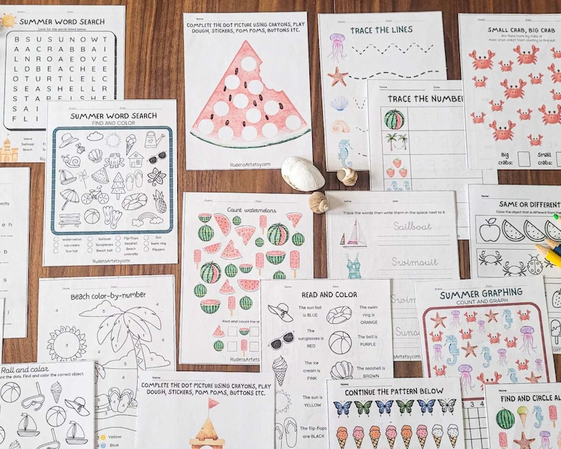 May include: A set of printable summer-themed educational worksheets for kids. The worksheets feature various activities, including word searches, color-by-number, tracing lines and numbers, counting, graphing, and pattern recognition. The worksheets are black and white with colorful illustrations of summer-related objects like watermelons, seashells, crabs, sailboats, and ice cream.