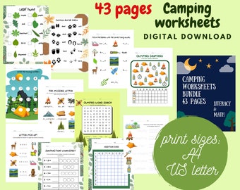 Camping Worksheets for kids, Literacy and Math learning binder for Grade 1, Kindergarten activity book, Addition and subtraction worksheets