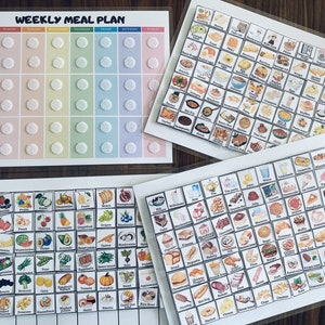 Puede incluir: Un planificador de comidas semanal con una cuadr&iacute;cula colorida y c&iacute;rculos en blanco para la planificaci&oacute;n de comidas. Hay tres hojas separadas con im&aacute;genes de alimentos, incluyendo frutas, verduras y comidas. El texto "WEEKLY MEAL PLAN" est&aacute; en la parte superior de la cuadr&iacute;cula.