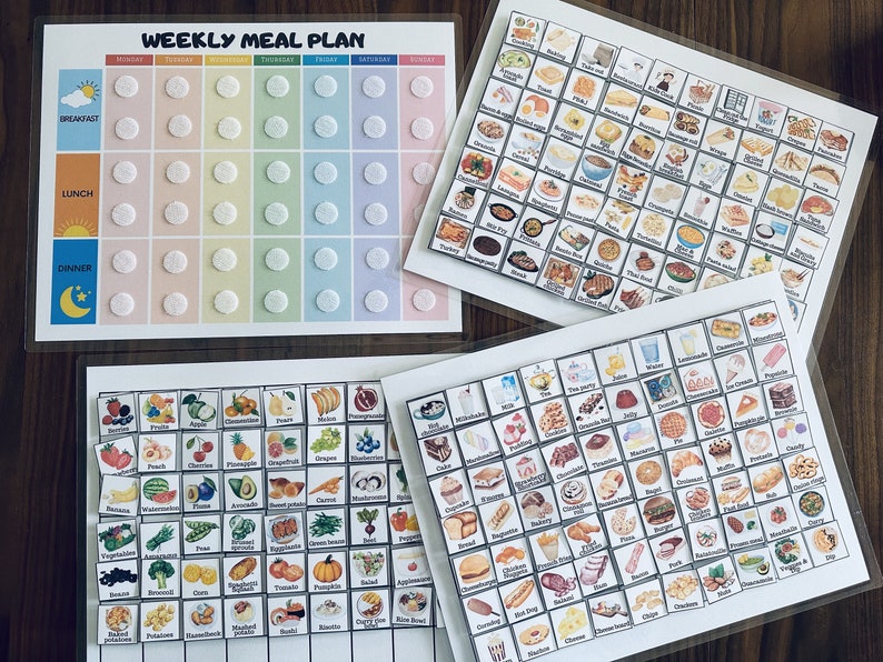 Puede incluir: Un planificador de comidas semanal con una cuadr&iacute;cula colorida y c&iacute;rculos en blanco para la planificaci&oacute;n de comidas. Hay tres hojas separadas con im&aacute;genes de alimentos, incluyendo frutas, verduras y comidas. El texto "WEEKLY MEAL PLAN" est&aacute; en la parte superior de la cuadr&iacute;cula.