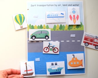 Transportation Sort Worksheet, Busy book Preschool Printable Activity, Quiet book page for boy toddler, Homeschool Learning,Instant Download