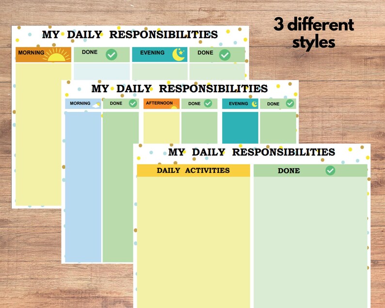 K&ouml;nnte beinhalten: Drei druckbare Checklisten f&uuml;r t&auml;gliche Aufgaben mit unterschiedlichen Layouts. Die erste Checkliste hat Abschnitte f&uuml;r Morgen, Abend und Erledigt. Die zweite Checkliste hat Abschnitte f&uuml;r Morgen, Nachmittag, Abend und Erledigt. Die dritte Checkliste hat Abschnitte f&uuml;r t&auml;gliche Aktivit&auml;ten und Erledigt.