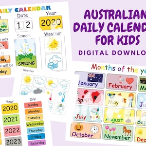 Australian Kids Daily Calendar 2024, Ochtendbord, Preschool printables, Maanden van het Jaar en Seizoenen, Montessori weerkaart