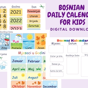 Bosnische kinderkalender 2024 en weerkaart, aangepast ochtendbord voor klas, afdrukbaar kleuterschool, ochtendroutine peuter