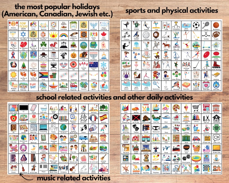 May include: A colourful chart with four sections: the most popular holidays (American, Canadian, Jewish etc.), sports and physical activities, school related activities and other daily activities, and music related activities. Each section is divided into a grid of squares with an image representing a different activity.