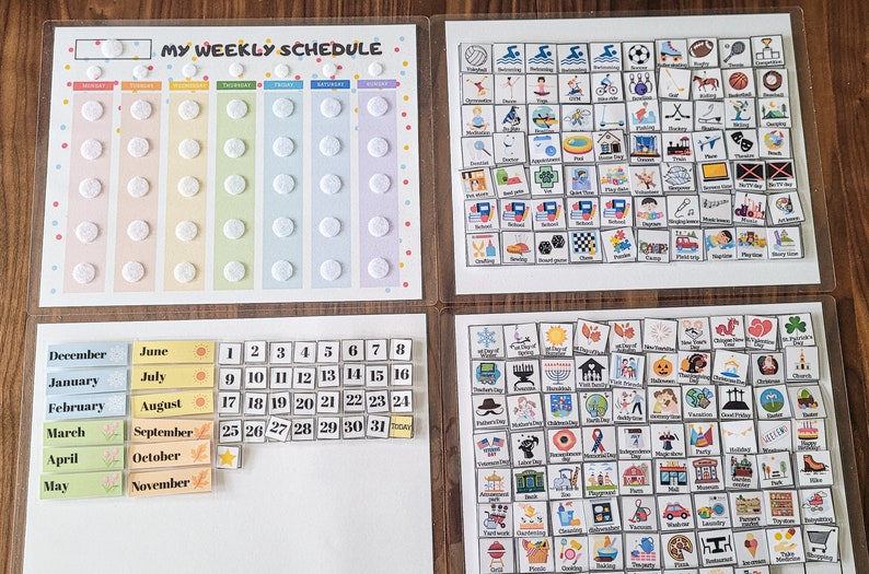 May include: Four whiteboards with a colourful weekly schedule, a calendar, and a collection of small square images with various activities and holidays. The images include activities like swimming, playing basketball, and going to the park, as well as holidays like Christmas, Halloween, and Thanksgiving.