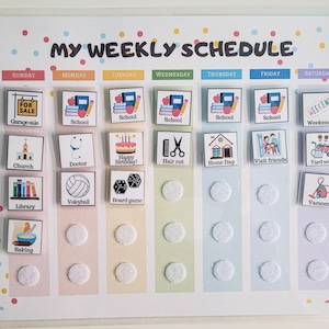 May include: A colorful weekly schedule chart with a grid of squares and circles. Each square has a different activity, such as "Garage Sale", "School", "Church", "Doctor", "Happy Birthday", "Hair Cut", "Home Day", "Visit Friends", "Yard Work", "Library", "Volleyball", "Board Game", "Baking", and "Vacuum".