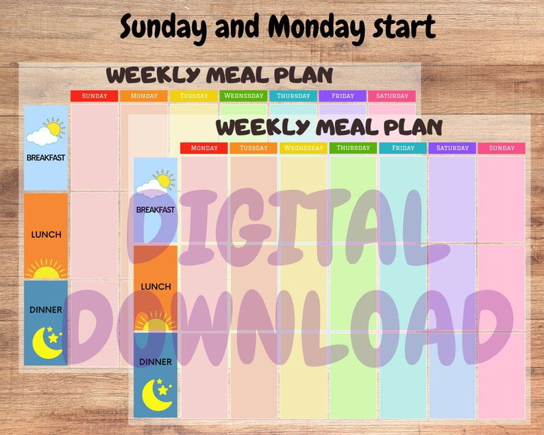 Puede incluir: Un planificador de comidas semanal imprimible con un dise&ntilde;o colorido. El planificador tiene una secci&oacute;n para el desayuno, el almuerzo y la cena para cada d&iacute;a de la semana. El planificador est&aacute; dise&ntilde;ado para comenzar el domingo y terminar el s&aacute;bado. El planificador tiene una etiqueta de descarga digital.