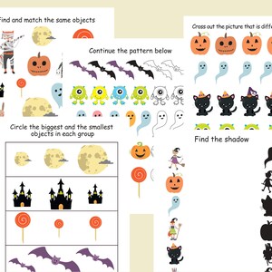 May include: A printable Halloween-themed worksheet for kids with activities like finding matching objects, continuing patterns, circling the biggest and smallest objects, and finding the shadow.