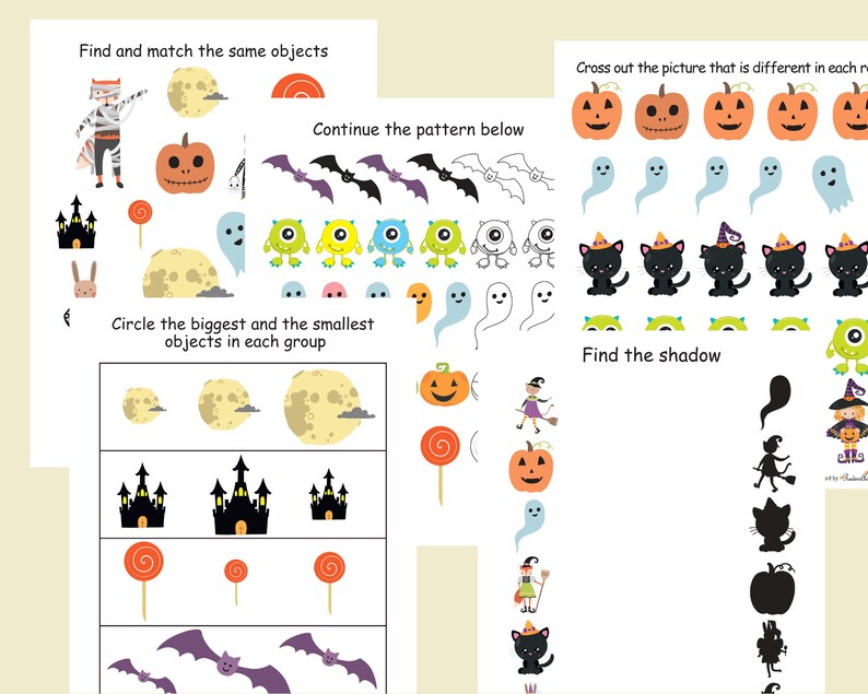 May include: A printable Halloween-themed worksheet for kids with activities like finding matching objects, continuing patterns, circling the biggest and smallest objects, and finding the shadow.