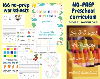 Preschool curriculum, Kids activity worksheets for homeschool learning - Alphabet, 1-20 Counting, Tracing and Patterns, Shapes and Colors