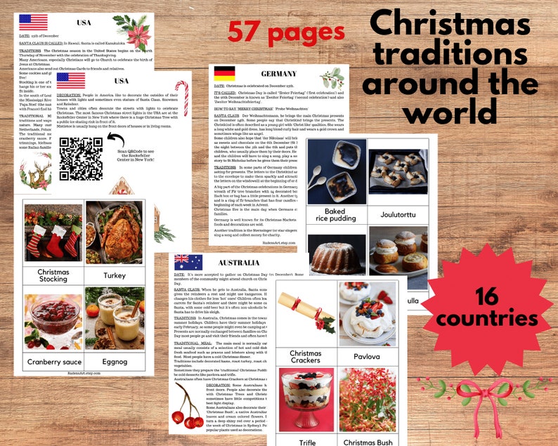 May include: A colorful educational poster titled "Christmas traditions around the world" with images of festive foods and customs from 16 countries. The poster includes text and images about Christmas in the USA, Germany, and Australia.